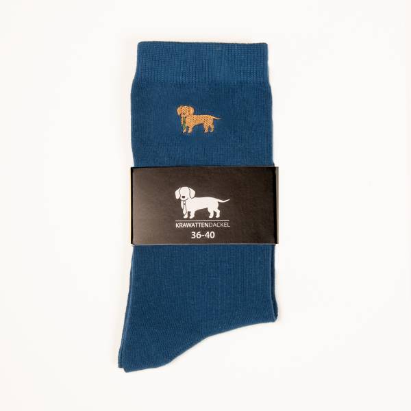 Blaue Socken mit gesticktem Dackelmotiv