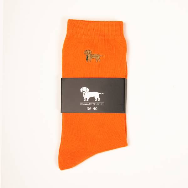 Orangene Socken mit gesticktem Dackelmotiv